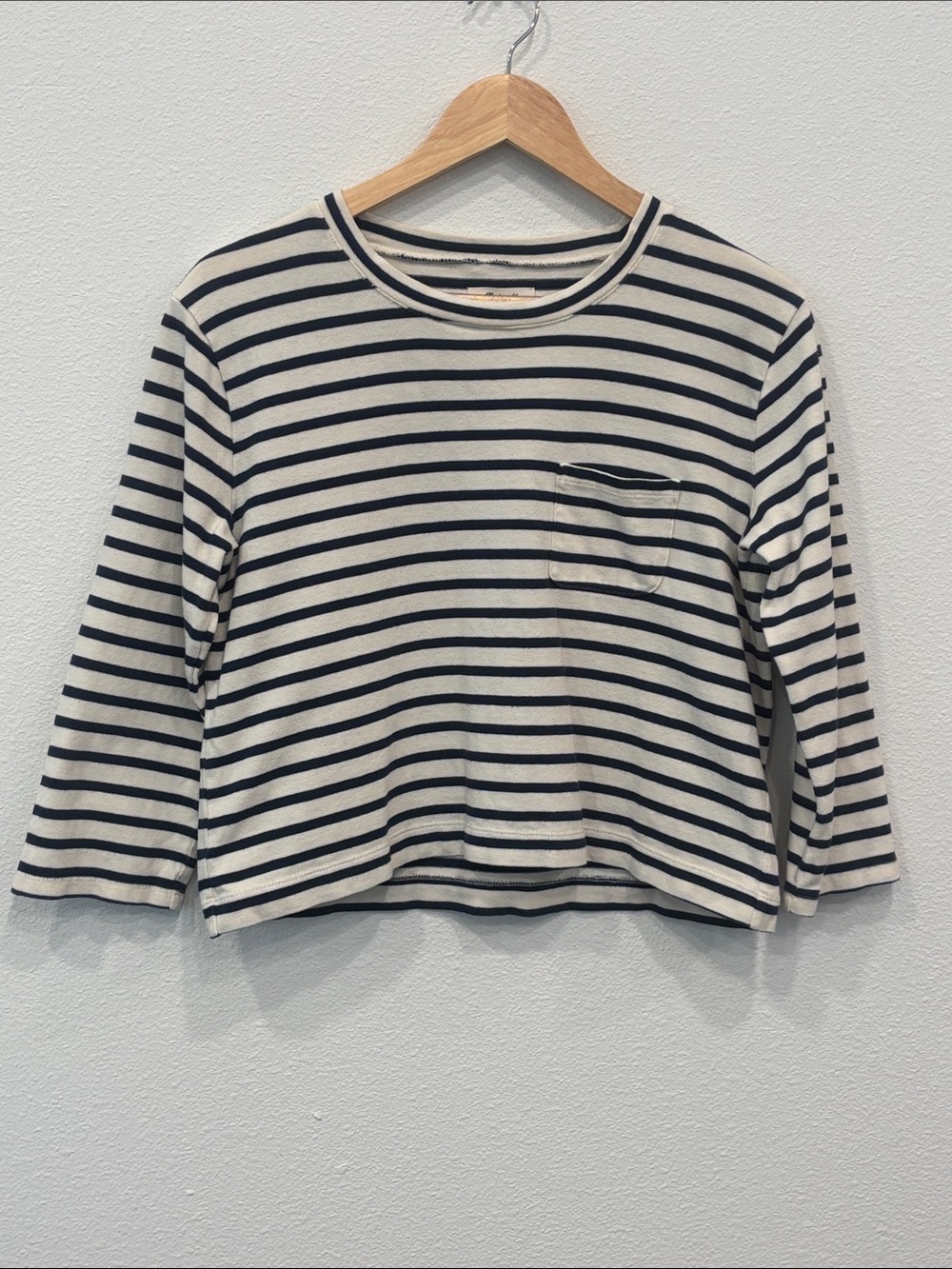 Madewell 100% Cotton Blue and Cream Striped Long Sleeve Pocket Tee Size XS
